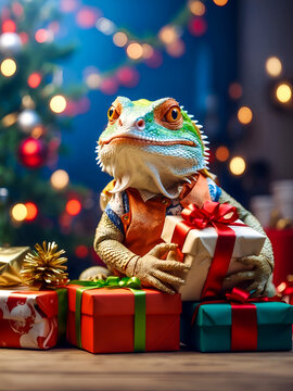 A beautiful lizard holds a gift on Christmas Eve. Generated by artificial intelligence.