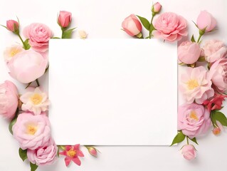 Frame mockup with roses and pions flowers on a white background. Banner or gift card with flowering frame