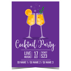Cocktail party invitation poster with two glasses of sparkling drinks with bubbles on blue background. Vector banner or flyer for entertainment event with refreshing alcoholic drinks in night cub.