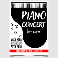 Live piano music concert invitation poster with grand piano and musical notes on white background. Vector banner, handout or cover for classical instrumental music festival, artistic show or carnival. - obrazy, fototapety, plakaty