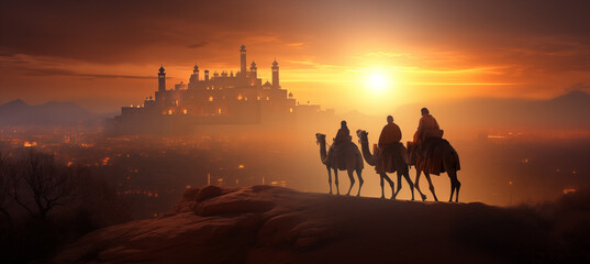 Reyes magos viajando por el desierto, llegando a Belén. Noche de reyes magos. Día de reyes magos.