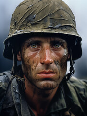 A portrait of a sad looking soldier during the war