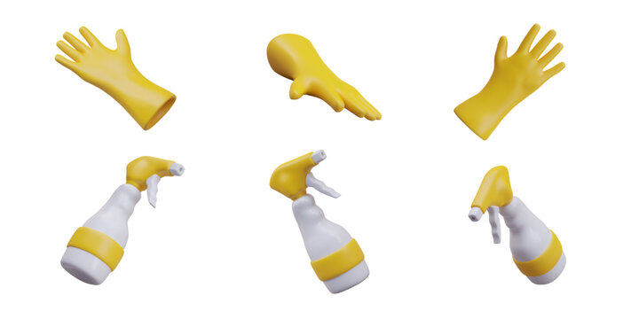 Professional cleaning. Detergents and protection. Antibacterial treatment of surfaces, disinfection. Spray trigger bottle, glove. Set of yellow isolated vector illustrations