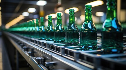 Empty glass bottles moving on a conveyor in a production line