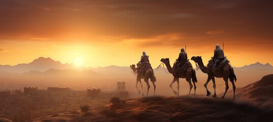 Fototapeta na wymiar Reyes magos viajando por el desierto, llegando a Belén. Noche de reyes magos. Día de reyes magos.