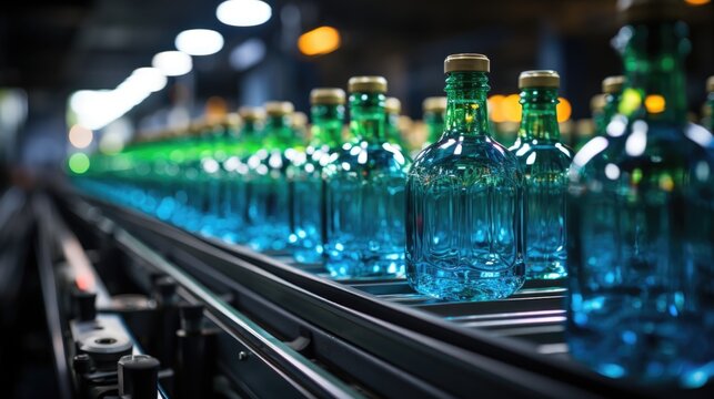 Alcohol-filled bottles progressing on a conveyor belt in a beverage production line