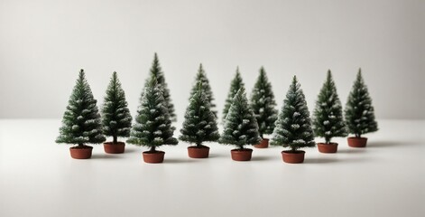 Christmas Trees with White Copy Space - Green Bottle Brush Christmas Trees with White Snow Tips Holiday Concept Background Christmas Composition A group of small decorative Christmas generative ai
