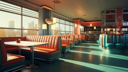 Classic retro diner cafe interior, 1950s style classic.Generative AI.
