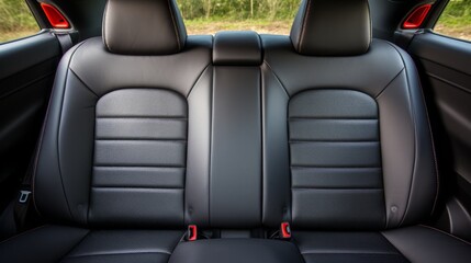 Frontal view of plush black leather back passenger seats in a stylish and modern luxury car