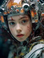 A portrait of a cyborg girl with human face