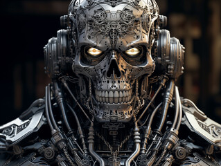 A portrait of a smiling robot with a human shape of scalp