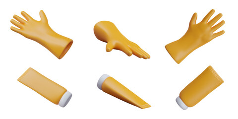 Cleaning icons set. Realistic rubber yellow gloves, tube in different positions. Inventory and detergents. Color isolated illustration. Hand protection when working with household chemicals