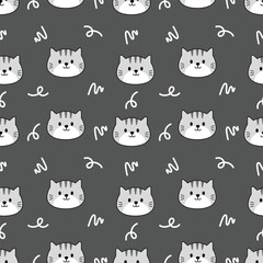 Cute grey cat cartoon seamless pattern background with grey background