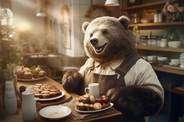 In coffee shop a lovable big brown bear barista, dressed in an apron, expertly prepares coffee while attending to the delightful array of cakes and other pastry for customers