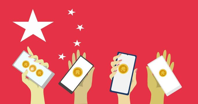 People's hands hold smartphones with yuan currency on the wont of china's flag, 4K video