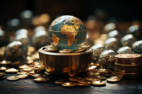 Globe and stack with coins. Money makes the world go round.