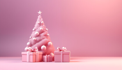 Render of a pink christmas tree with presents. Minimalistic christmas wallpaper with gradient. Xmas greeting card design. 