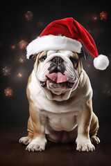 Realistic portrait of a French bulldog in Santa clothes. Dramatic lighting.