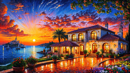 Beautiful house surrounded by flowers at night, mediterranean architecture oil painting on canvas. - obrazy, fototapety, plakaty