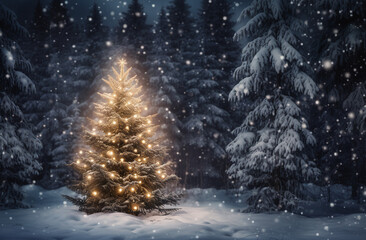 Magical Christmas Ambiance: Tree Lights in a Snowy Woodland.