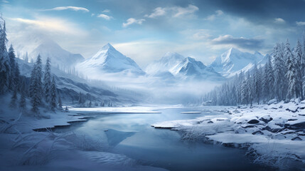 Winter's serene beauty unfolds with unique snowflakes, a soft white landscape, and majestic mountains.