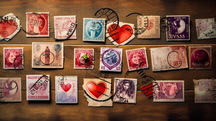 A collection of vintage Valentine's postage stamps from around the world. Happy Valentine's Day. Stamp collecting.  - obrazy, fototapety, plakaty