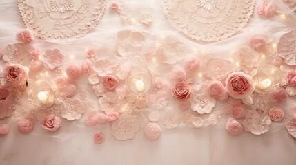 Fototapeta na wymiar A delicate spread of lace doilies and Valentine's confetti. Happy Valentine's Day. Wedding card, bridal invitation. 