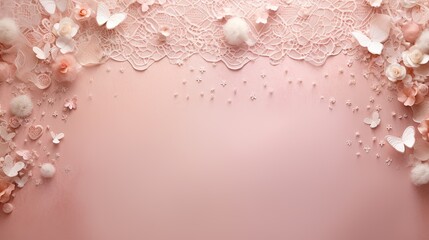  A delicate spread of lace doilies and Valentine's confetti. Happy Valentine's Day. Wedding card, bridal invitation.  - obrazy, fototapety, plakaty