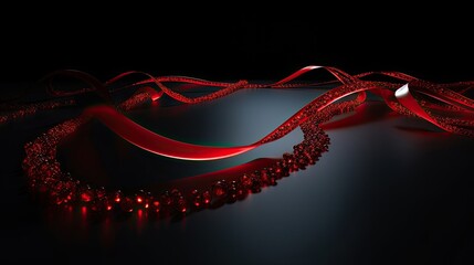 A dynamic arrangement of red velvet ribbons and glossy beads. Happy Valentines day. Gorgeous ribbon design. 