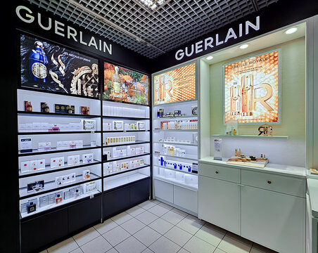 LATVIA, RIGA, 15, JANUARY, 2024: Modern interior of premium perfume Guerlain boutique in Stockmann shopping mall, Riga, Latvia.