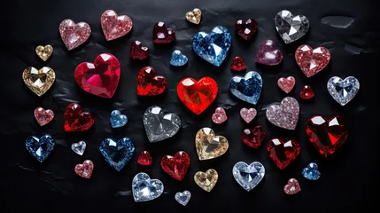 Fototapeten An overhead composition of sparkling gemstones in heart shapes. Happy Valentine's. Celebration, birthday, party invitation, jewellery, gem or diamond background design. © Dannchez