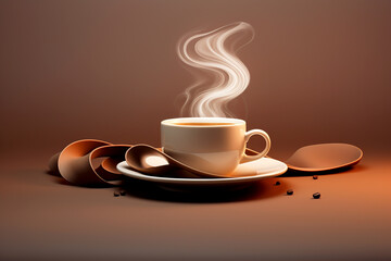 A brown cup of coffee on a brown background with a beautiful white steam. Banner for design. AI generated