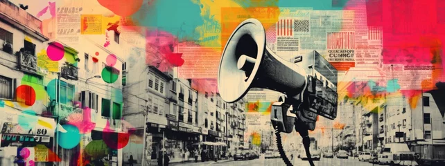 Foto op Aluminium Vibrant collage art with loudspeaker and cityscape. Photomontage of street view, colorful abstracts, © Maxim