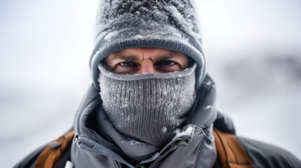 Fototapeta na wymiar bad mood everyday life, winter clothes, mature caucasian man is annoyed or angry, cold winter temperatures, snow covered, fictional location