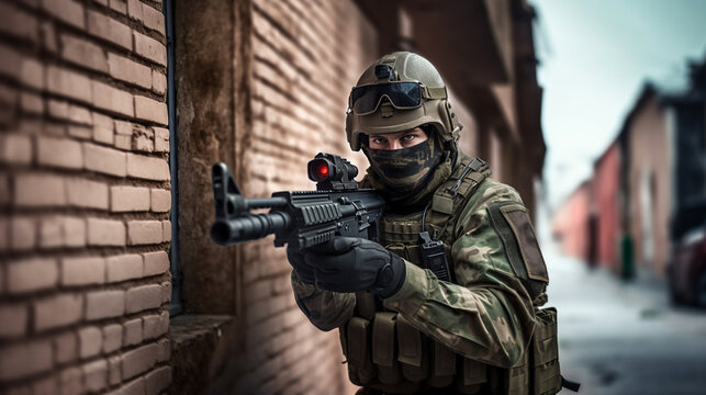 soldier in military fatigues standing in an alleyway holding a gun, wearing a mask for camouflage or protection, in a city setting with a visible brick wall in the background.