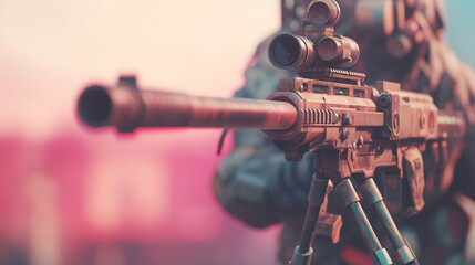 soldier holding a large gun, sniper rifle, soldier in war or special forces or Assassin - obrazy, fototapety, plakaty