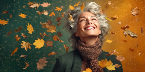 Captivating Older Woman, Autumn Leaves, and Green Harmony, AI generated