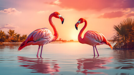 Fototapeta premium Two Flamingos in Water at Sunset with Tropical Background