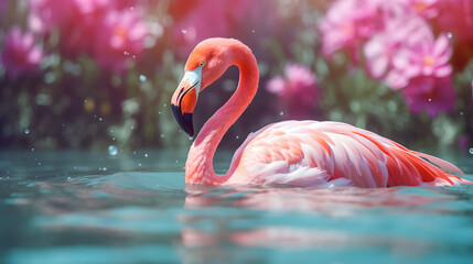 Elegant Flamingo Swimming in Water with Floral Background