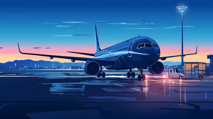 Fototapeta premium Commercial Airplane on Tarmac at Sunset Airport Scene Illustration