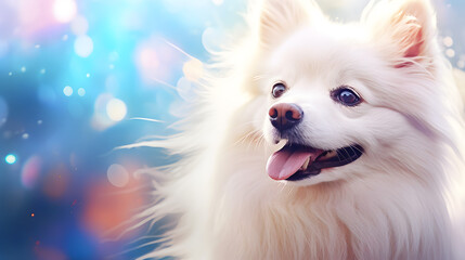 Happy White Pomeranian Dog with Sparkling Background