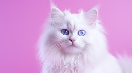 Fototapeta na wymiar White Fluffy Cat with Blue Eyes on Pink Background