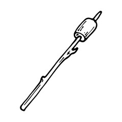 Marshmallow on branch sketch. Camp food by fire. Hand drawn illustration.
