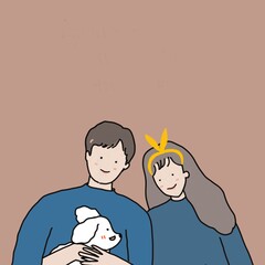 A couple (a man and a woman) sit beside each other with a white dog in a man's hand on a brown pink background