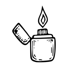 Lighter sketch. Making fire. Incendiary device. Hand drawn illustration.