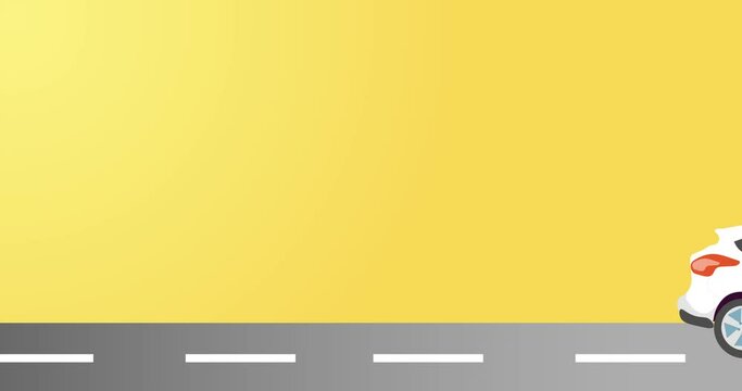 white crossover car driving on asphalt with stripes on yellow background, animation in mp4 format, 4K quality