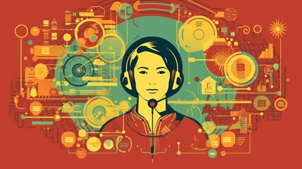 Woman in headphones on a red background with various technological elements. Call Center Concept With a Copy Space.