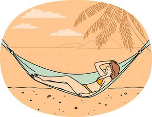 Happy woman relax in hammock on beach