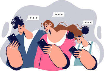 Family looks at smartphones and experiences digital addiction, waving at communication