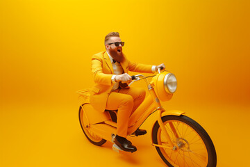 A bearded businessman is riding a yellow motorcycle.